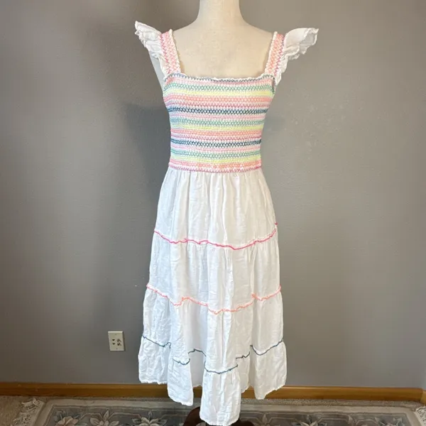 Vineyard Vines Flutter Sleeve Smocked Tiered‎ White Linen Midi Dress Size S - Image 2
