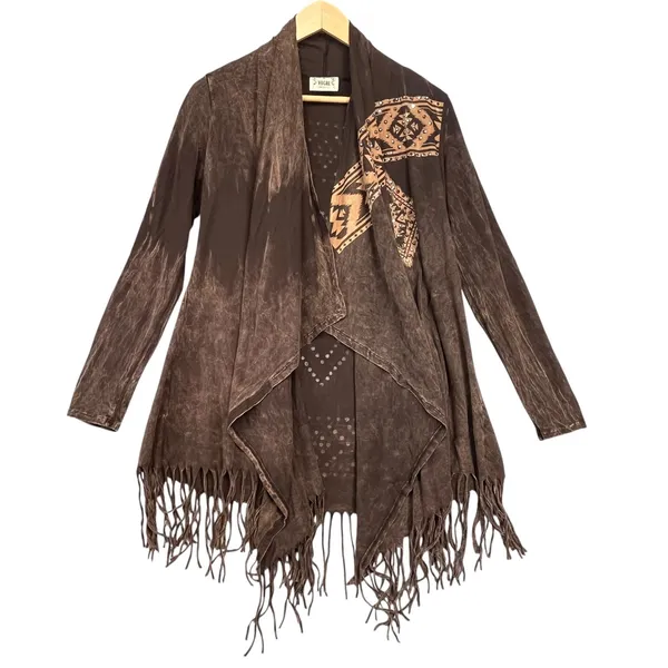 Vocal Women's Brown Aztec‎ Tribal Print Fringe Open Front Cowgirl Cardigan Small - Image 2