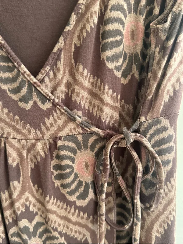 Fresh Produce Dress Small Brown Floral Faux Wrap Side Tie Made in USA - Image 6