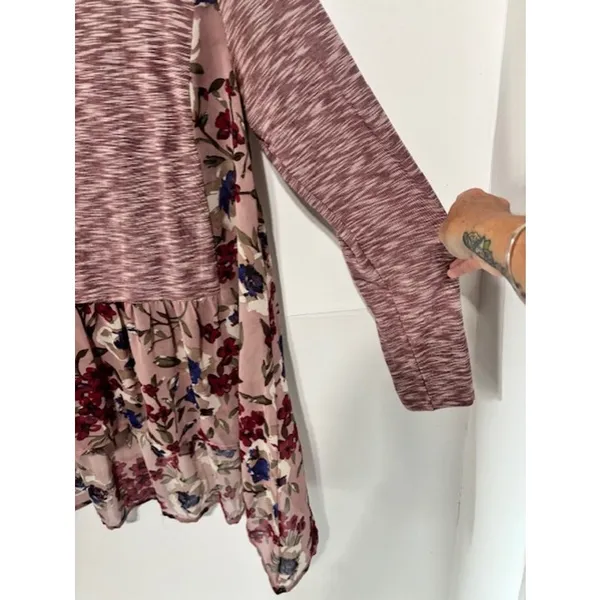 Umgee L Marled Knit Floral High Low Tunic Top Boho Babydoll Long Sleeve - Image 4