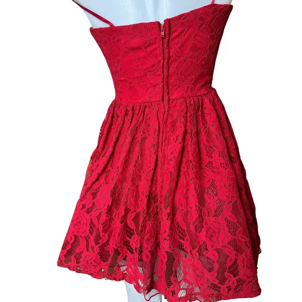 City Studio Ruby Red Lace Fit & Flare Dress Size 3 Rhinestone Waist NWT - Image 6