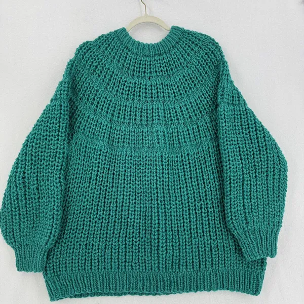 Handmade Chunky Knit Sweater Women XL Teal Turquoise Oversized Balloon Sleeve - Image 2