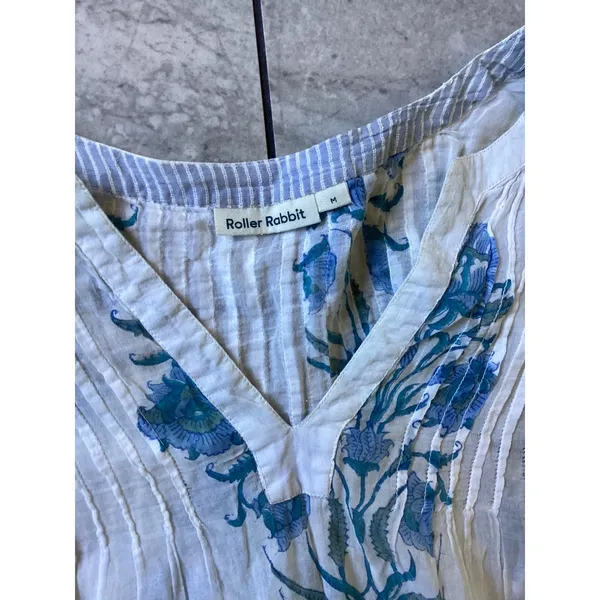 Roller Rabbit Blue Floral Block Print Cotton Tunic Top Tassels Womens Medium - Image 2