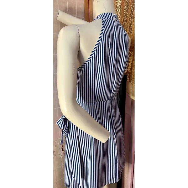 Blue and White Striped Halter Wrap Mini Dress Side Tie High Neck Nautical Summer - Image 9