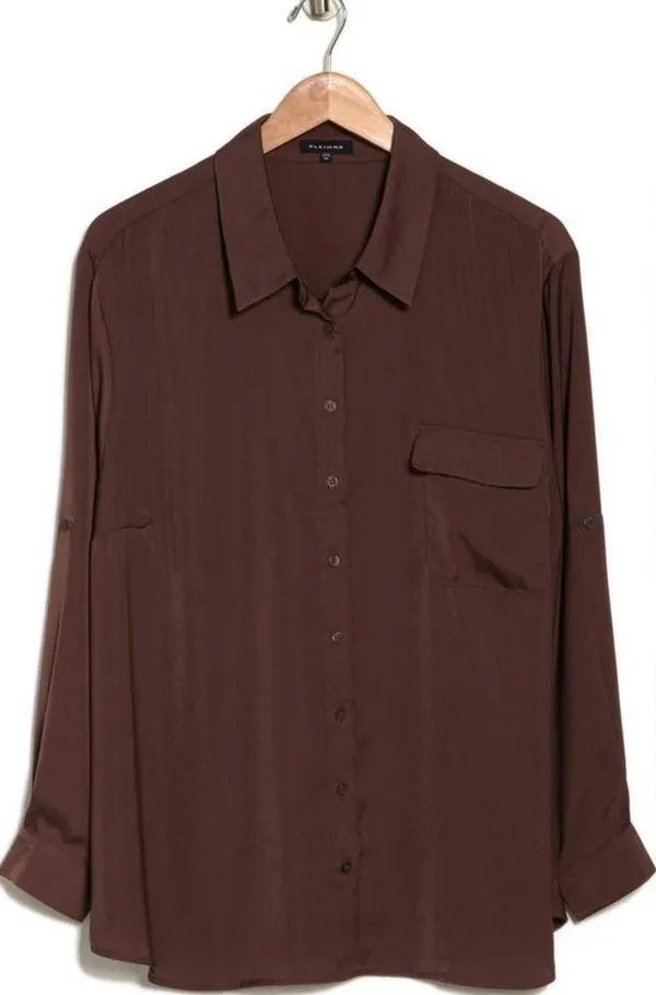 Nordstrom Brown Long Sleeve Button Satin Blouse - Image 3
