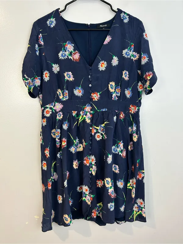Madewell Blue 100% Silk Button-Front Short Tie-Sleeve Floral Mini Dress Size 14 - Image 3