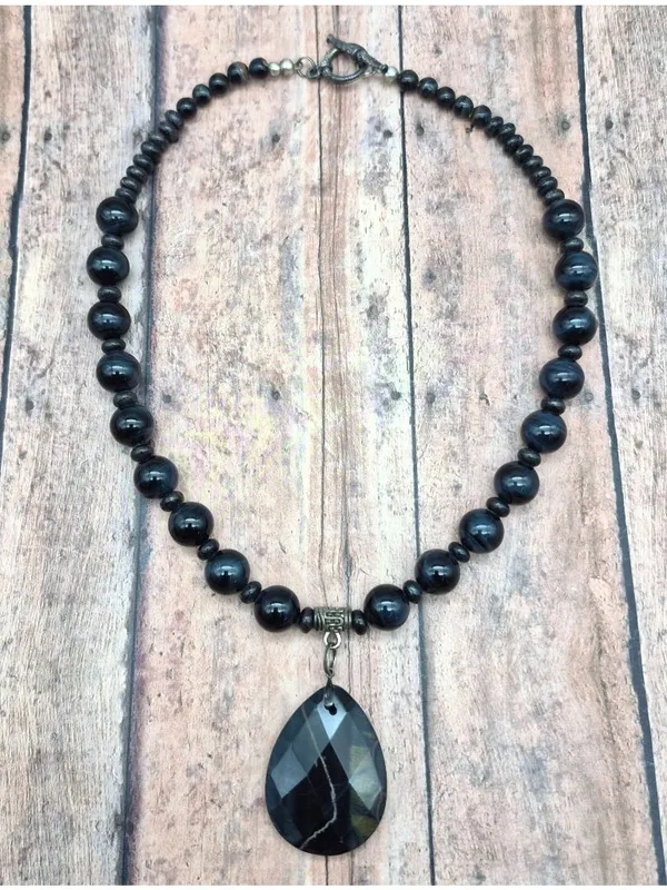 Black Glass Bead Collar Necklace Tigers Eye Faceted Teardrop Pendant Witchy Goth - Image 7
