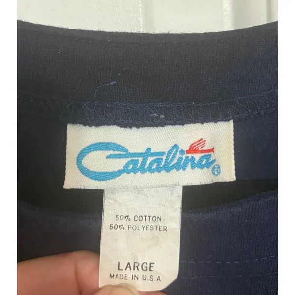 Catalina‎ T-Shirt Vintage Boxy Navy Blue Cropped Short Sleeve Large - Image 4