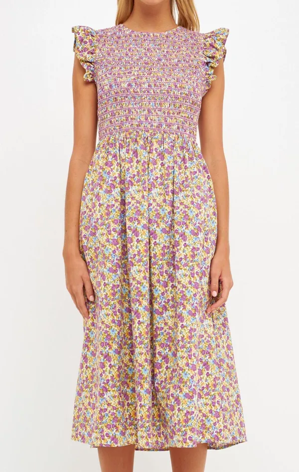 Anthropologie Cool Mode Ditsy Floral Smocked Bodice Midi Dress - Image 3