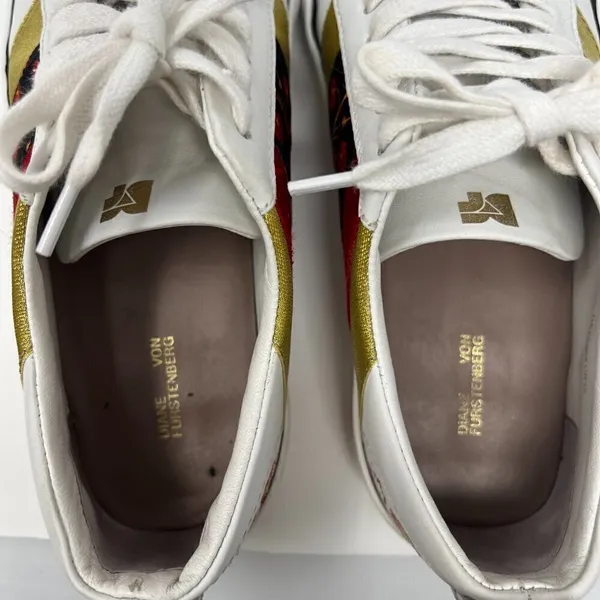 Diane Von Furstenberg Tess 9 Lace Up‎ Sneakers Gold & Red Stripe & Floral Design - Image 13