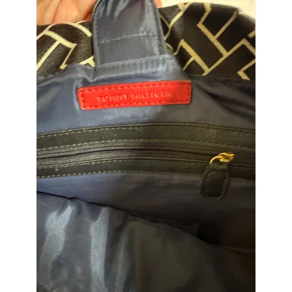 Tommy Hilfiger Monogram Tote Bag Black White Geometric Stripe Gold Buckle Charm - Image 10