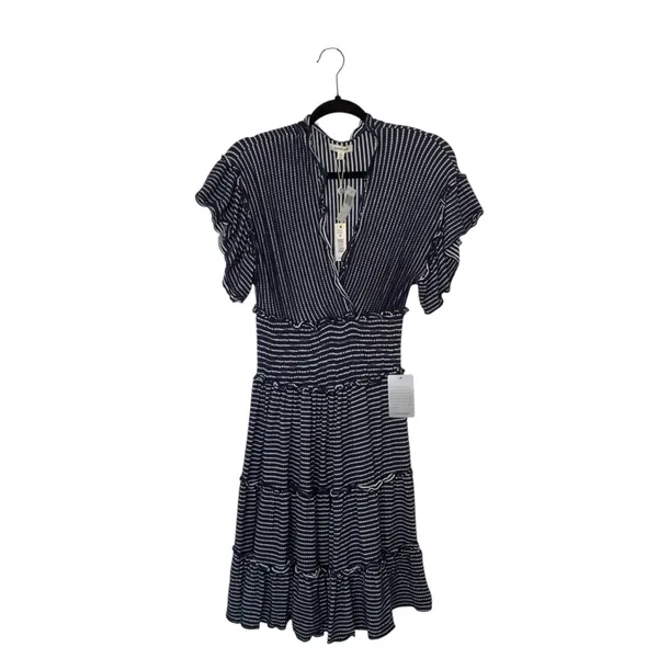 Max Studio Small Navy Jersey Smocked Waist Tiered Stripe‎ Dress Cottagecore - Image 2