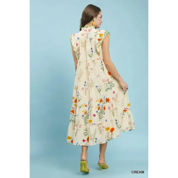 Umgee Floral Ruffle Tiered Midi Dress with Scalloped Detail - Small - Image 3