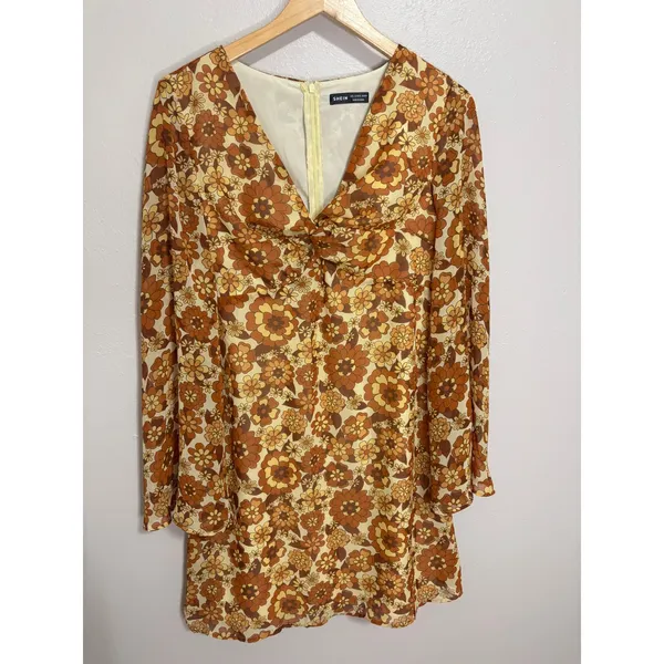 Retro Mini Dress Brown Mod Floral 70s Boho Bell Sleeve Groovy Festival Hippie L - Image 3