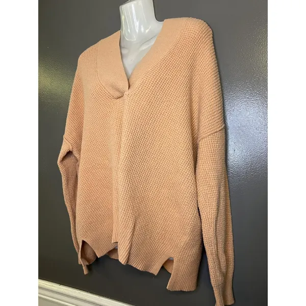 Aerie Sweater Womens Small Pink Waffle Knit Hooded V Neck Pullover Cozy Slouchy - Image 4