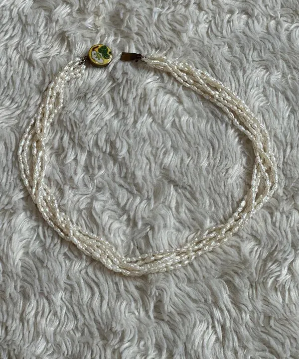 Vintage 6 Strand Freshwater Rice Irregular Pearl Necklace Cloisonne Closure - Image 5