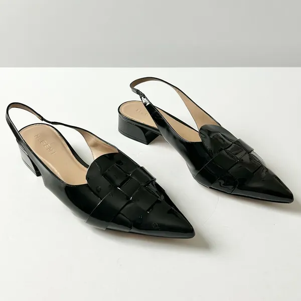M.Gemi Black Patent Leather Woven Pointed Slingback Block Heel 40.5 IT 9.5 US - Image 2