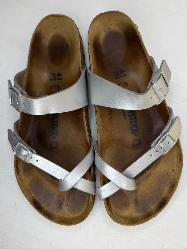 Birkenstock Mayari Metallic Silver Slide German Cork Footbed Sz 10-10.5 - Image 2