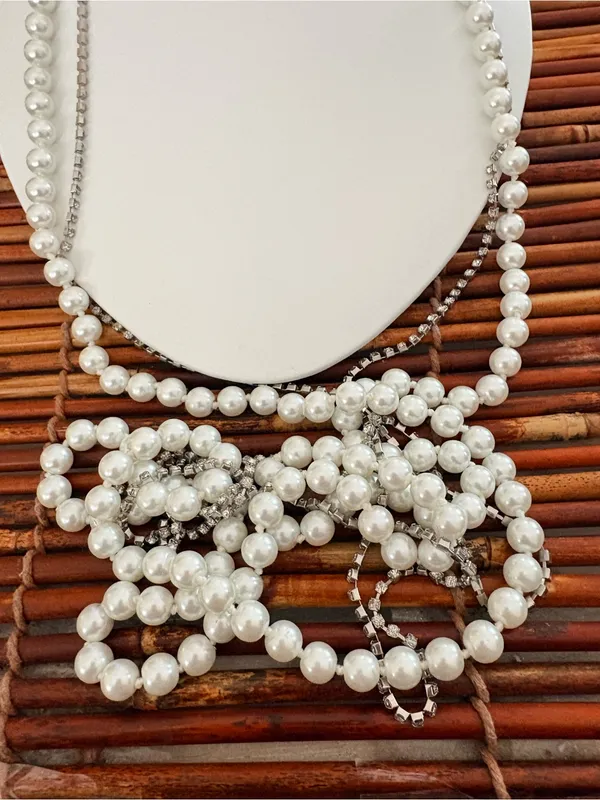 White House Black Market Multi-Strand White Pearl and Silver Chain Necklace 50” - Image 3