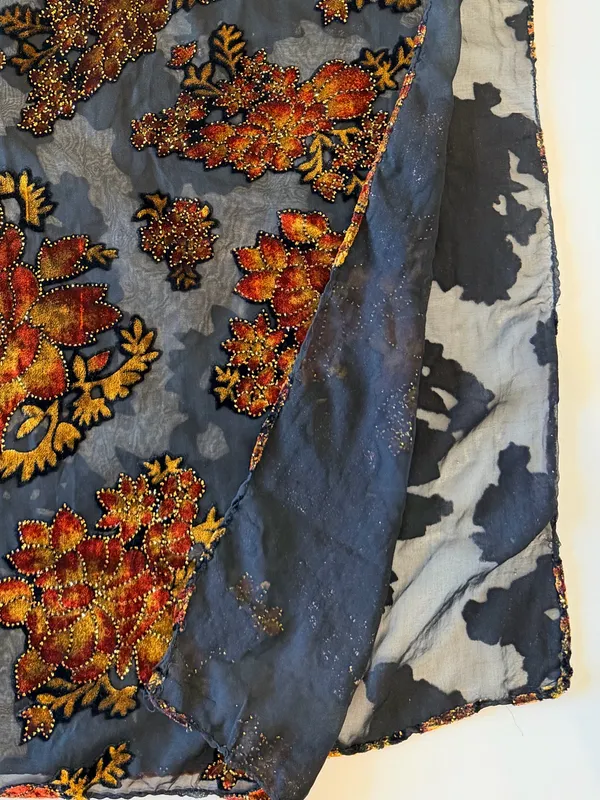 Velvet burnout floral shawl black and orange, sparkle details outline, 66"x21.5" - Image 8