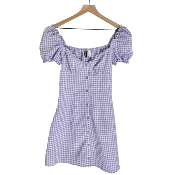 H&M Divided Gingham A Line Square Neck Ruffle Mini Dress Purple Size XS - Image 2