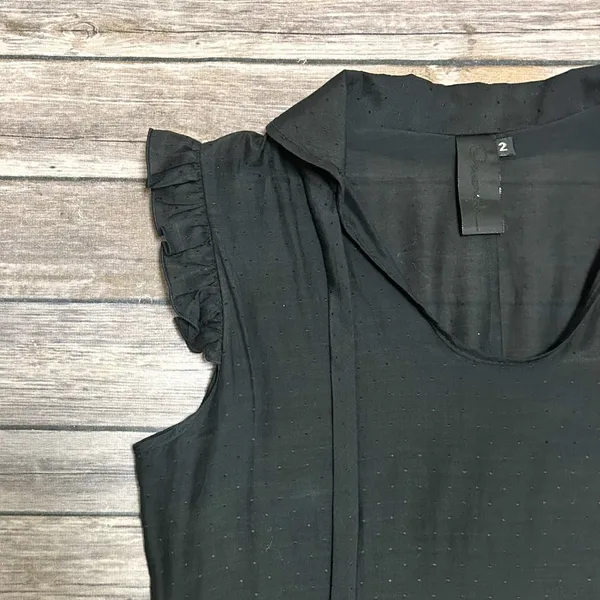 Omorika Black Sheer Polka Dot Sleeveless Ruffle Tie Collar Silk Blend Top 2 - Image 3