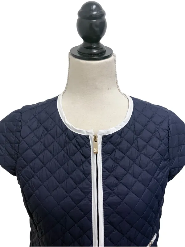 Patty Kim Navy Blue White Trim Quilted Zip Up Cap Sleeve Lightweight Vest XS - Image 2