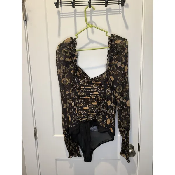 Free People Size S Brunch Date Smocked Floral Bodysuit Puff Sleeve Bohemian - Image 8