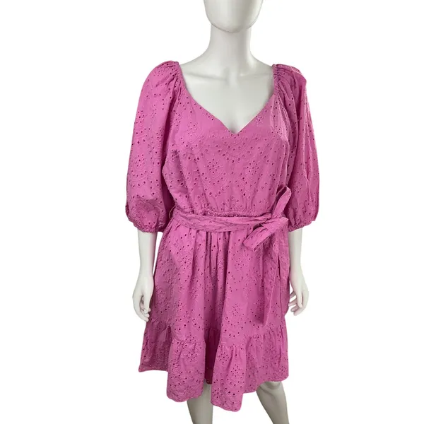 ELOQUII Elements Pink Eyelet Lace Tiered Midi Dress ‎ Belted Size 16 - Image 8