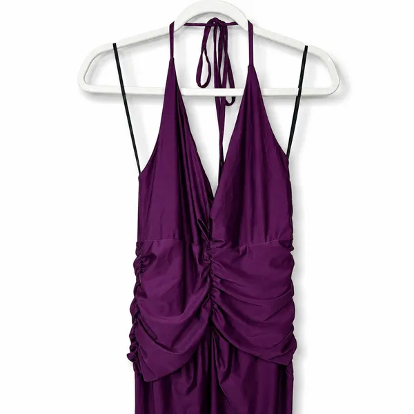 NEW Lulus Zaniya Plum Ruched Halter Open Back Jersey Mermaid Maxi Dress Large - Image 9