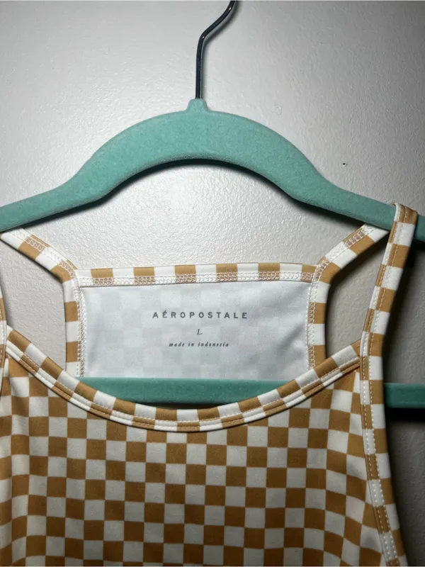 Aeropostale Women's Checkerboard Cropped Tank Top in Tan & White - Image 2