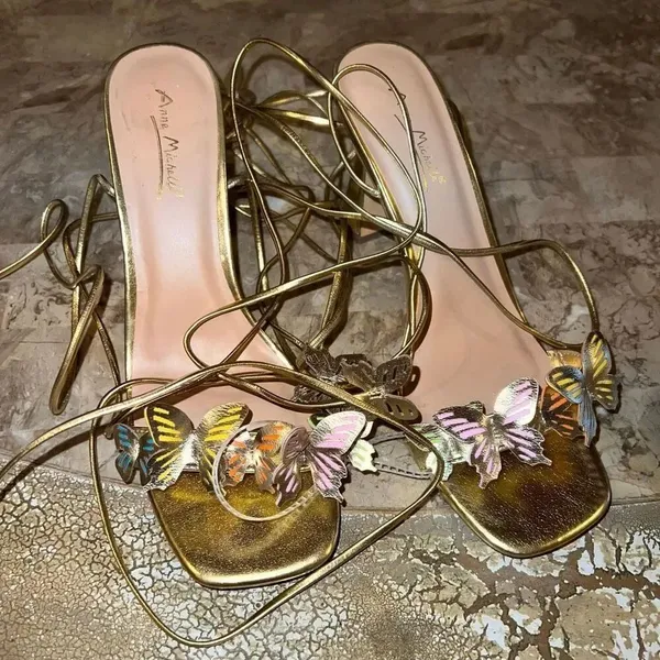 NWT Lace up gold butterfly heels Anne Michelle strappy size 9 - Image 2