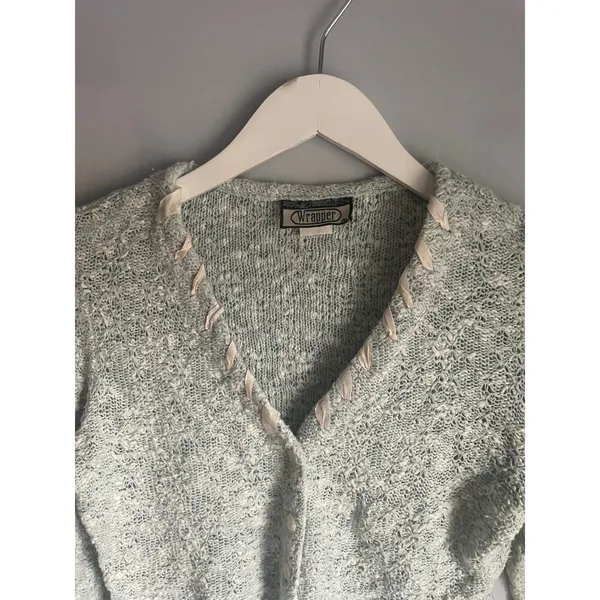 Vintage Cottage Dainty Cropped Cardigan Sweater Light Blue Ribbon Small Y2K USA - Image 2