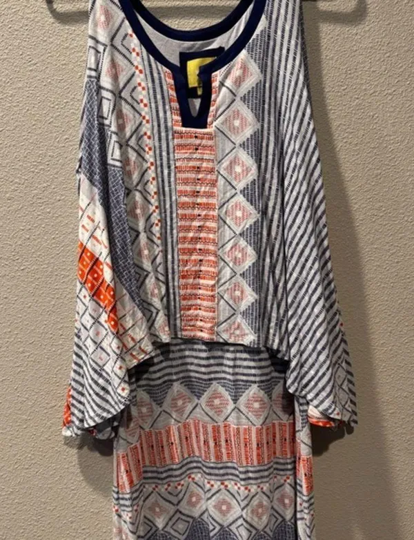 Anthropologie Maeve Tank Tiered Dress V-Neck, Fit & Flow, Orange Blue Size Large - Image 2