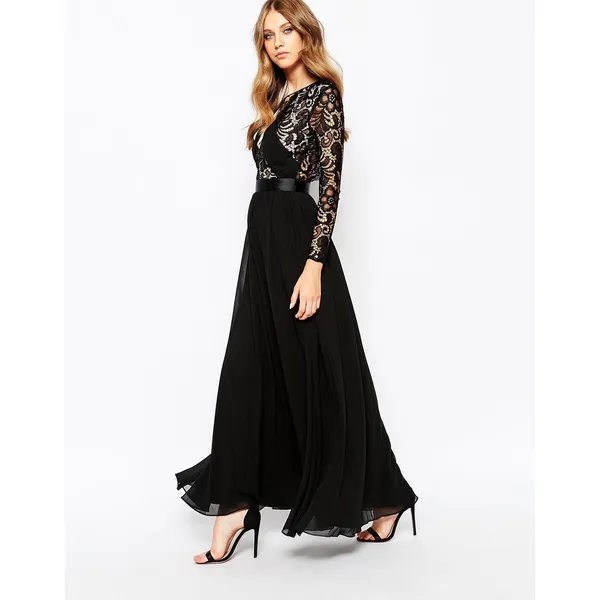 Fame and Partners Geo Heartline Lace Panel Long Sleeve Maxi Dress Black Size 2 - Image 4