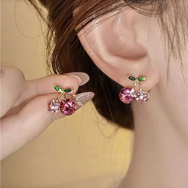 Elegant Pink and Green Crystal Cherry Earrings - Image 4