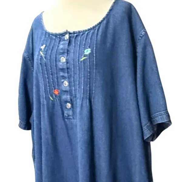 Vintage Embroidered Chambray Denim Dress Womens XXL Blue Floral Cottagecore Folk - Image 3