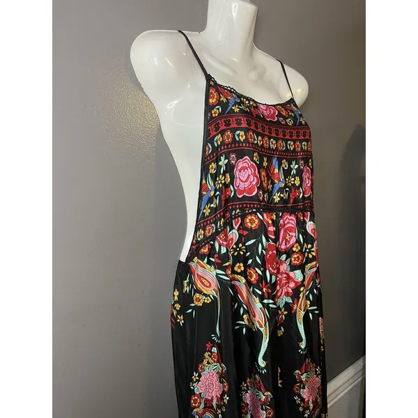 Be Passion Dress Womens Small Black Multicolor Floral Peacock Maxi Boho Sundress - Image 4