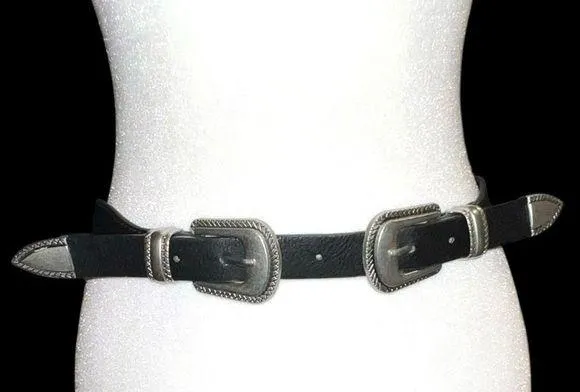 Black Double Buckle snap back Belt with Silver Accents - Image 2
