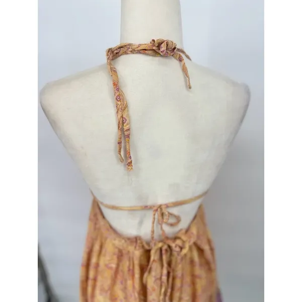 R Vivimos Halter V Neck Mini‎ Ruffle Dress Sz Medium Yellow Floral Boho Festival - Image 4