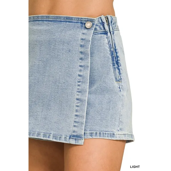Zenana Wrap Front Denim Skort - Medium - Image 4