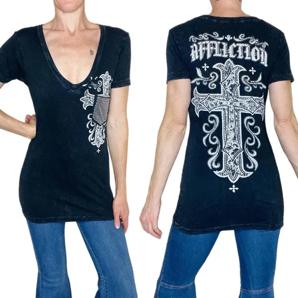 Vintage Y2K Affliction Live Fast Black Gem Rhinestone Cross Printed Tee - Image 2