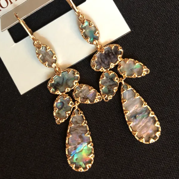 Gold and abalone dangle chandelier statement earrings - Image 2
