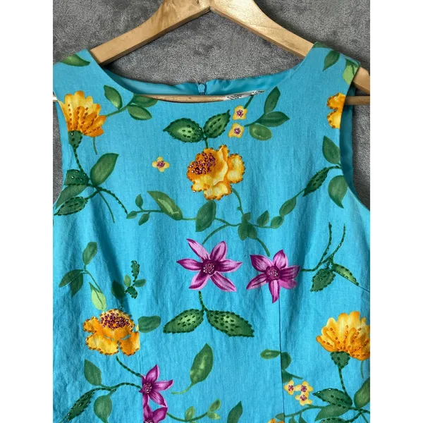 Vintage Linen Floral Sheath Dress Womens Size 8‎ Blue Sleeveless Garden Cottage - Image 2