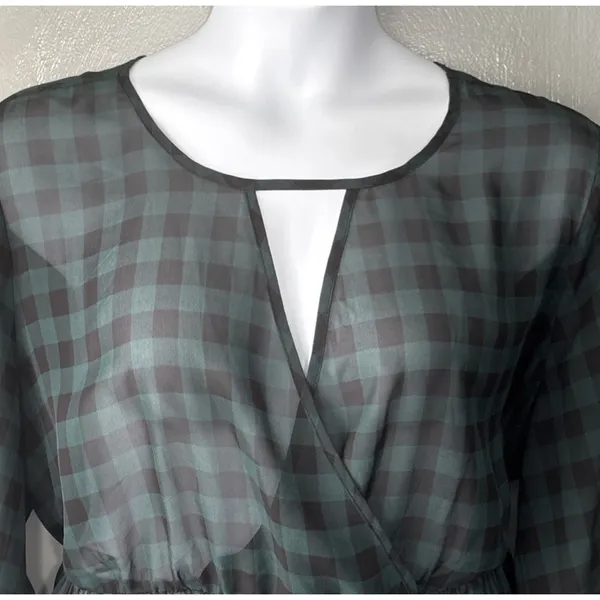 Torrid Sheer Top Plus Size 3 3X Green Black Checkered Gingham Peasant Babydoll - Image 3