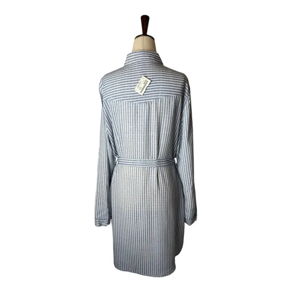 Joy Joy Dress Women Large Blue White Striped Button‎ Front Tie Waist Shirt NWT - Image 2