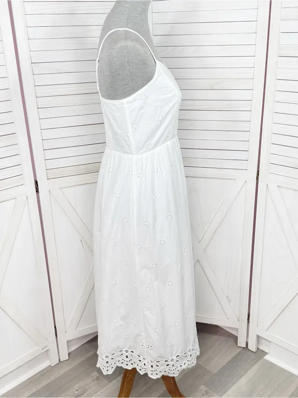 Old Navy White Eyelet Fit Flare‎ Midi Dress Small Sundress Cottagecore Cotton - Image 5