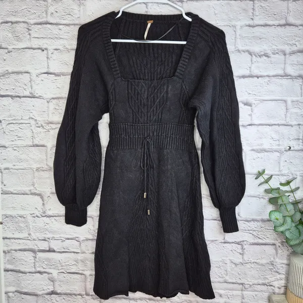 Free People Emmaline Mini Sweater Dress Black XS Cable Knit Balloon Sleeve Fall - Image 4