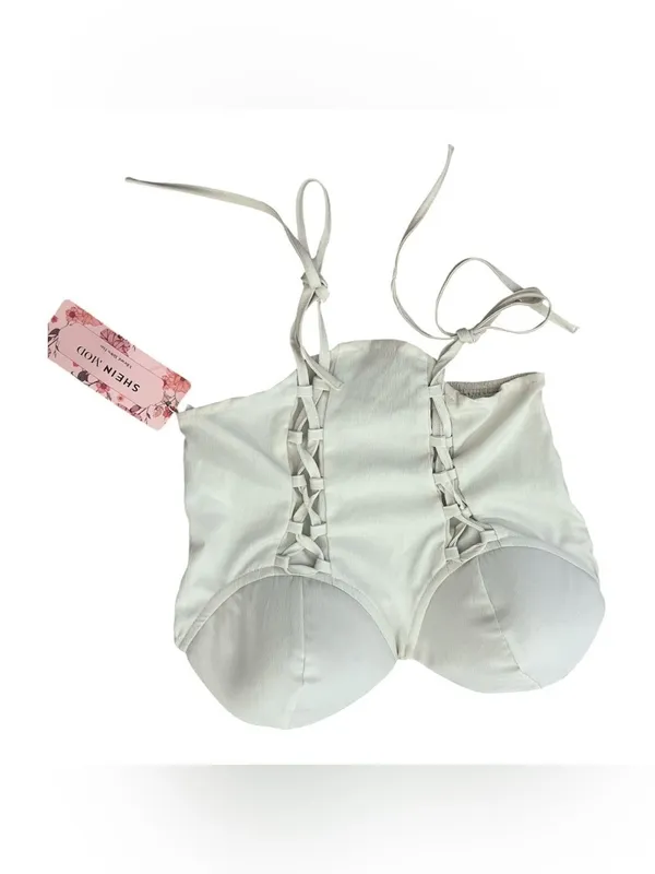 White Lace-Up Bustier Crop Top - Women's Top - Image 2
