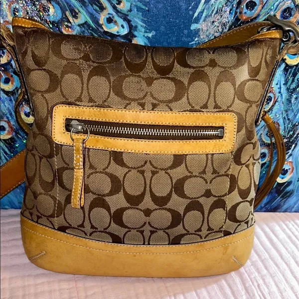 Coach Vintage Signature Canvas Monogram with Tan Leather Crossbody/Shoulder Bag - Image 8